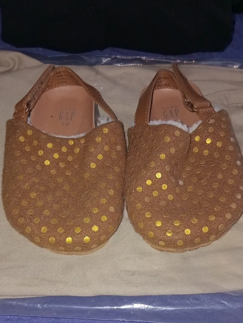 GAP Brown Slip-On Baby Shoes with Gold Polka Dots